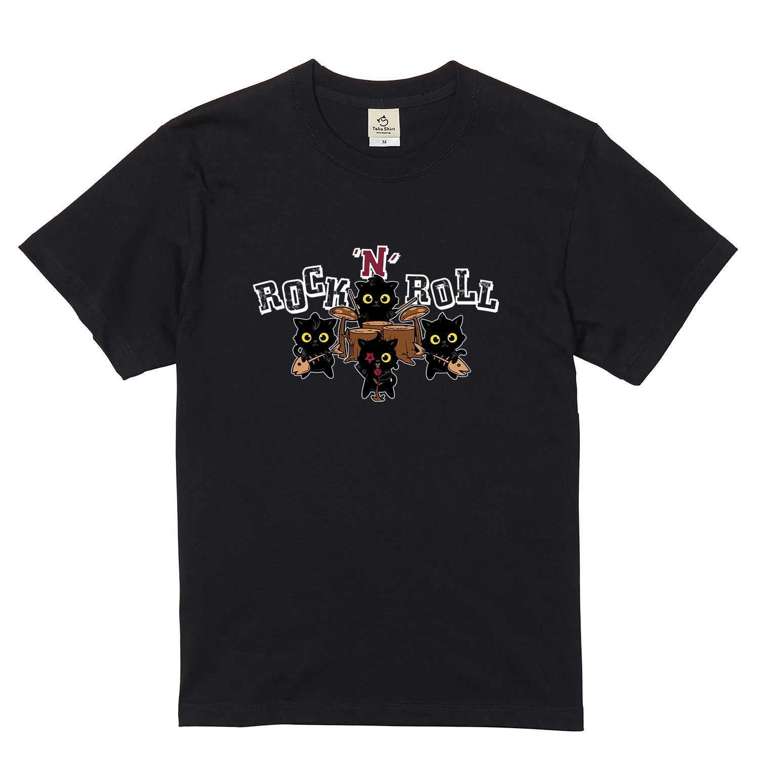 ROCK 'N' ROLL 黒猫バンド Tシャツ | 猫好き・ロック・音楽好きに人気